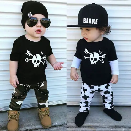 New Spring Summer -Toddler Kids Baby Boy Outfit Clothes Skull Print Short Sleeve T-shirt Tops+Long Pants Cotton Set 1-6T | Детская