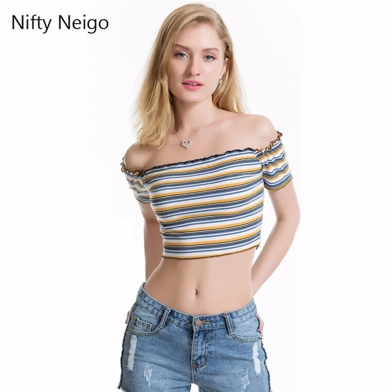 Nifty Neigo Сексуальная Женская Полосатая Футболка трикотажные короткие топы Летняя