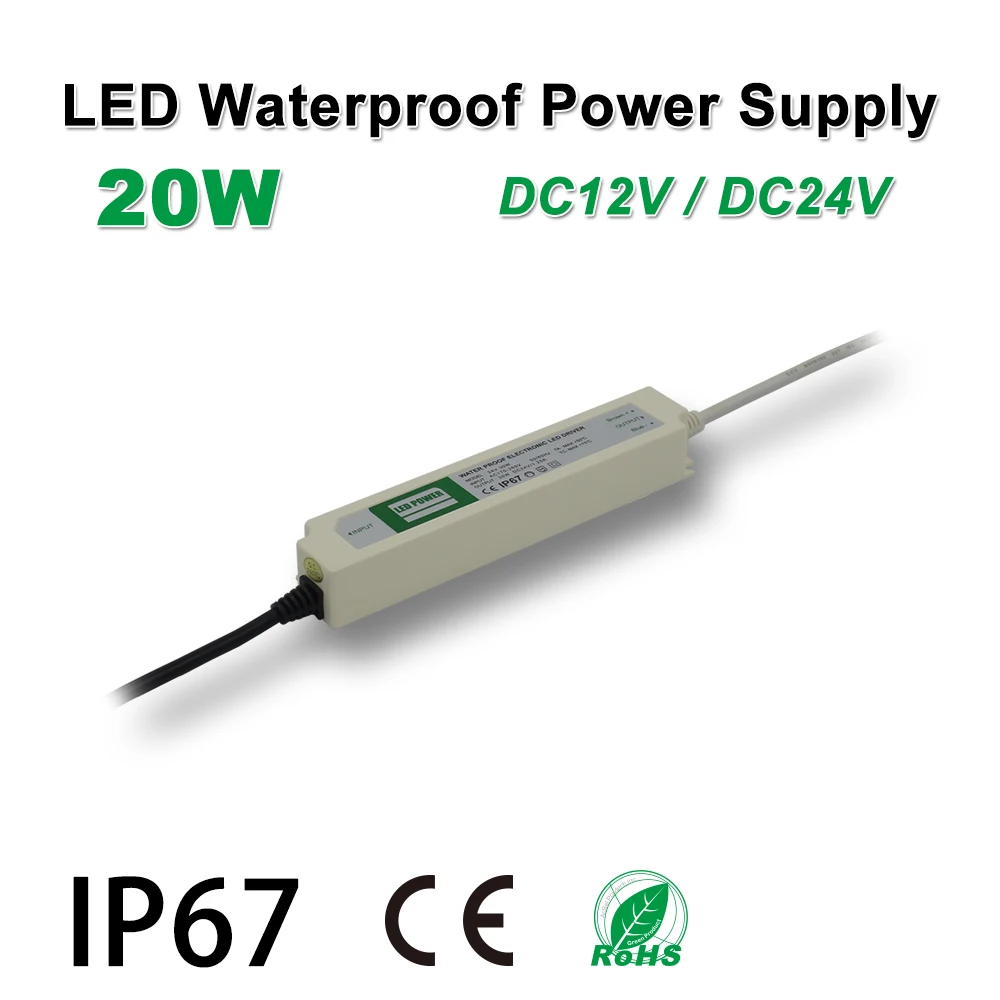 20 W Водонепроницаемый Питание Светодиодные ленты IP67 DC12/24 V адаптер трансформатора