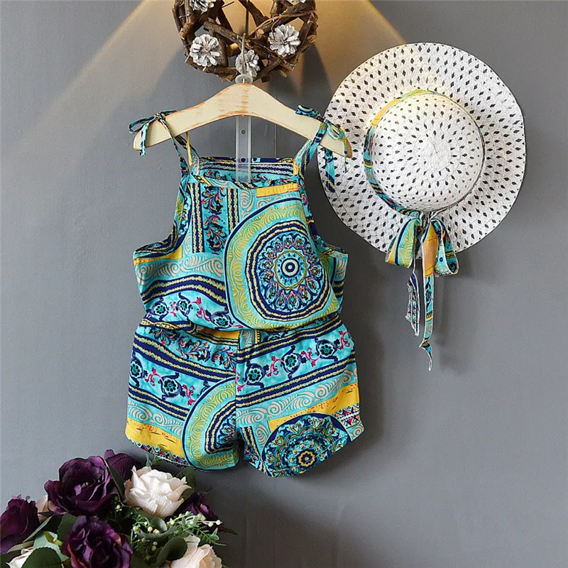 Kids Baby Girls Boho Summer Beach Clothes Sets Printed Sleeveless Strap Vest Tank Tops+Shorts+Hat 3Pcs Fashion Girl Outfits 1-6Y | Детская
