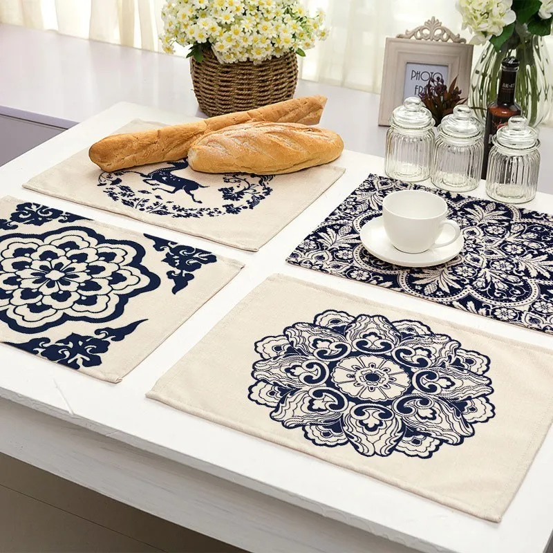 1Pcs Blue and white porcelain Pattern Placemat Dining Table Mat Tea Coaster Cotton Linen Pad Cup Mats 42*32cm Home Decor MC0034 | Дом и сад