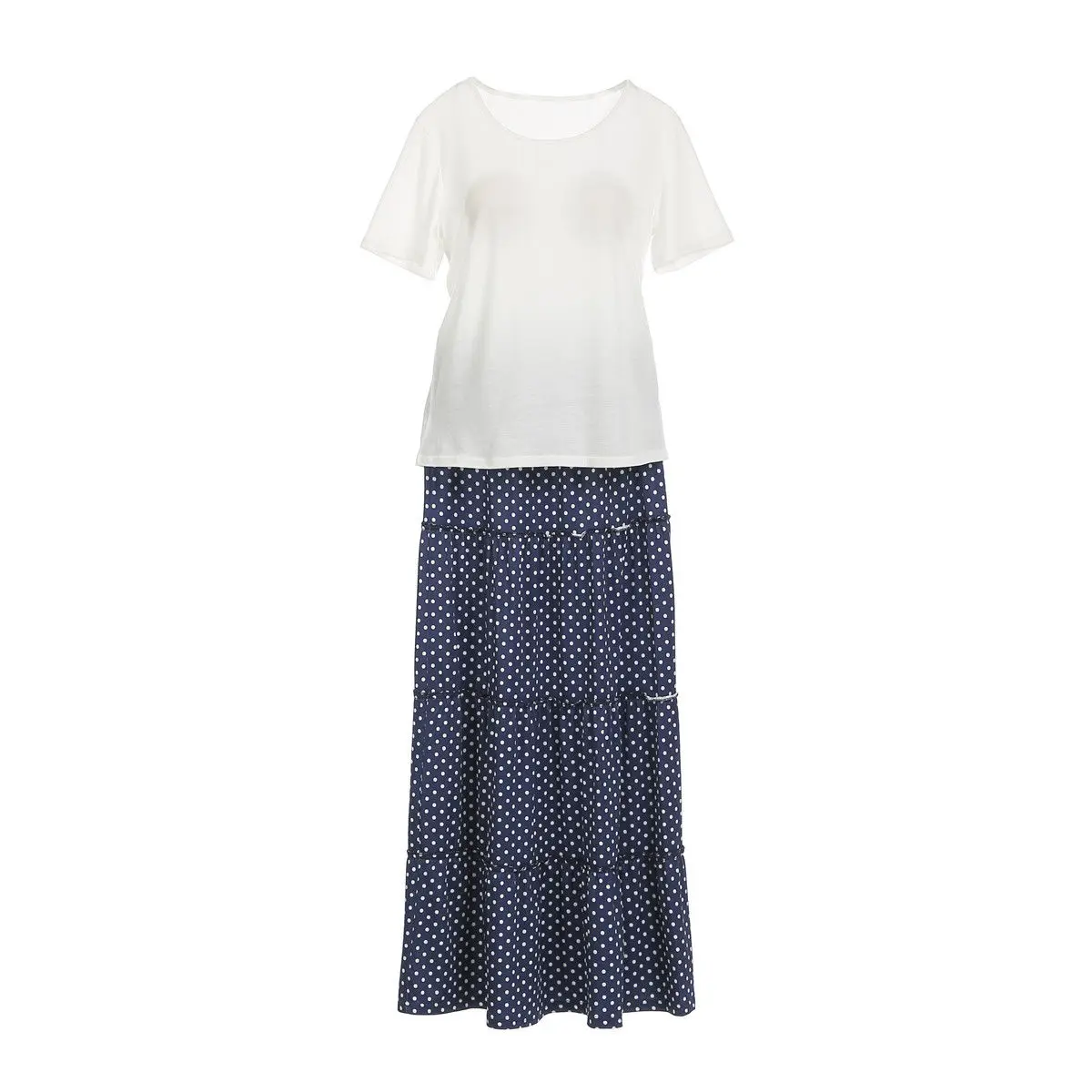 Spring Summer Mother And Daughter Family Matching Casual Women White T-shirt Long Layered Skirt Sets Girl Strappy Dot Blue Dress | Мать и