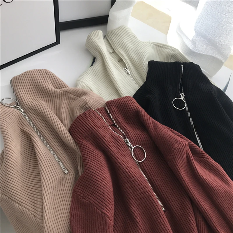 Korean Fashion Sweater and Pullover Women's Clothes Autumn Winter Zipper Turtleneck Long Sleeve High Elastic Solid Knit | Женская