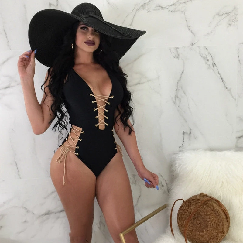 Летний женский боди однотонный купальный костюм со шнуровкой на шнуровке с