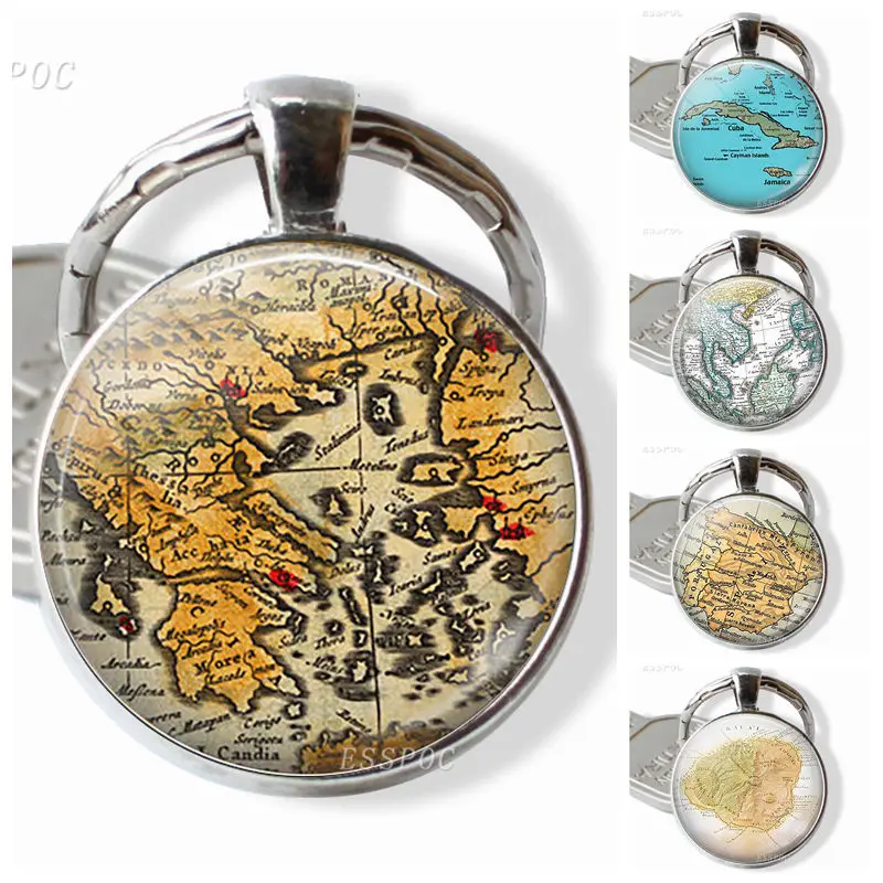 

Vintage Map Keychain Glass Pendant Literary Key Chain Greek Caribbean Thailand Barcelona Hawaii Map Key Ring
