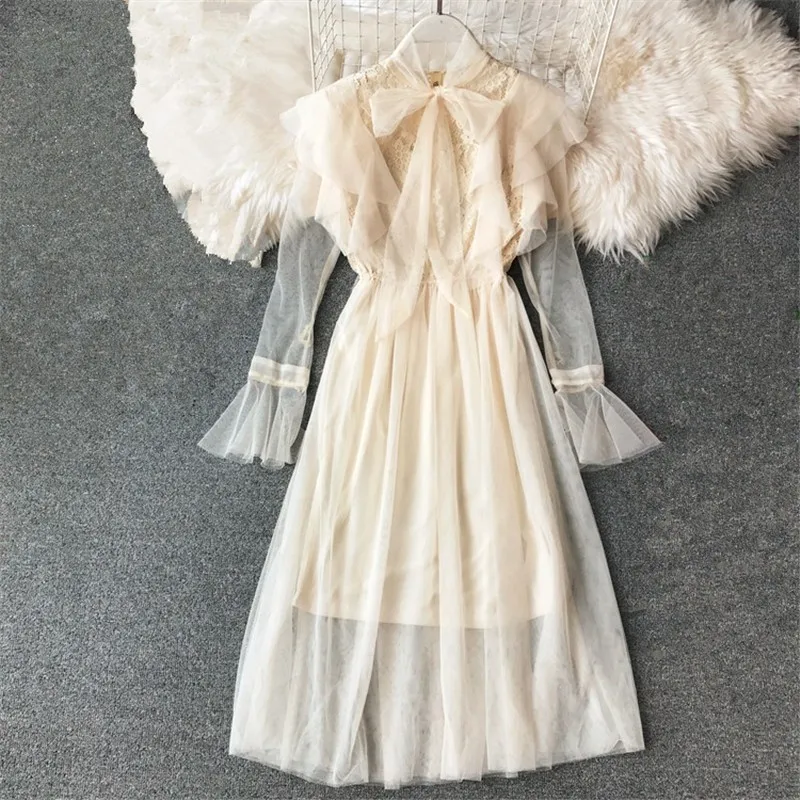 Осеннее прозрачное кружевное платье для вечеринок Vestidos Mujer с бантом на воротнике