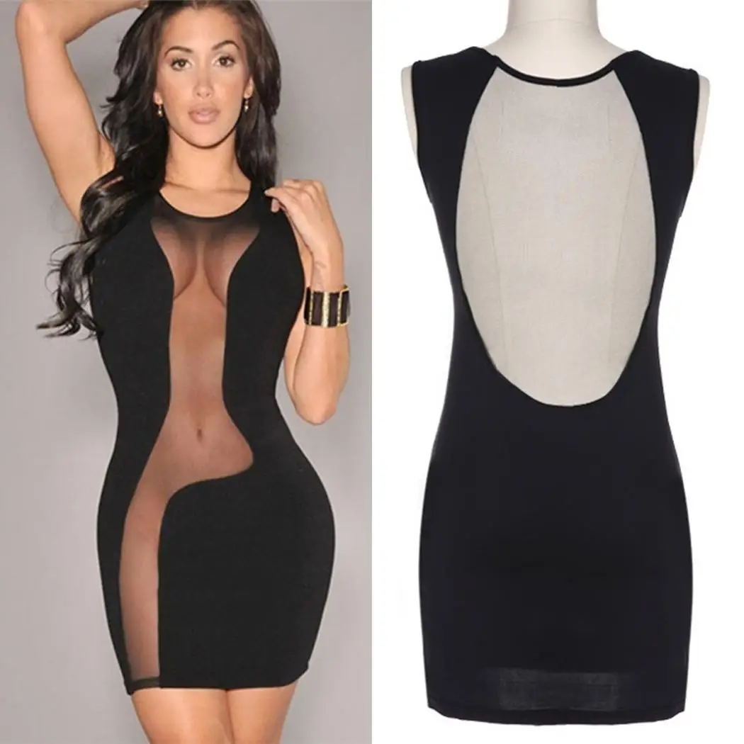 Women Casual O-Neck Sleeveless Solid Mesh Patchwork Slim Mid Waist Sexy Above Knee Bodycon Dress Summer | Женская одежда