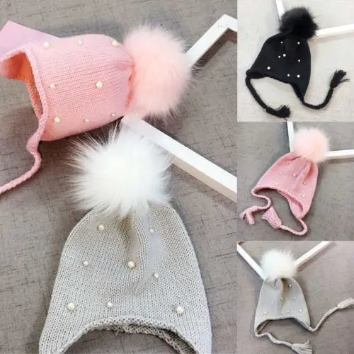 Fashion Beautiful Newborn Baby Girl Boy Lovely Cute Fur Pom Bobble Cap Winter Knit Crochet Hairball Beanie Hat | Детская одежда и