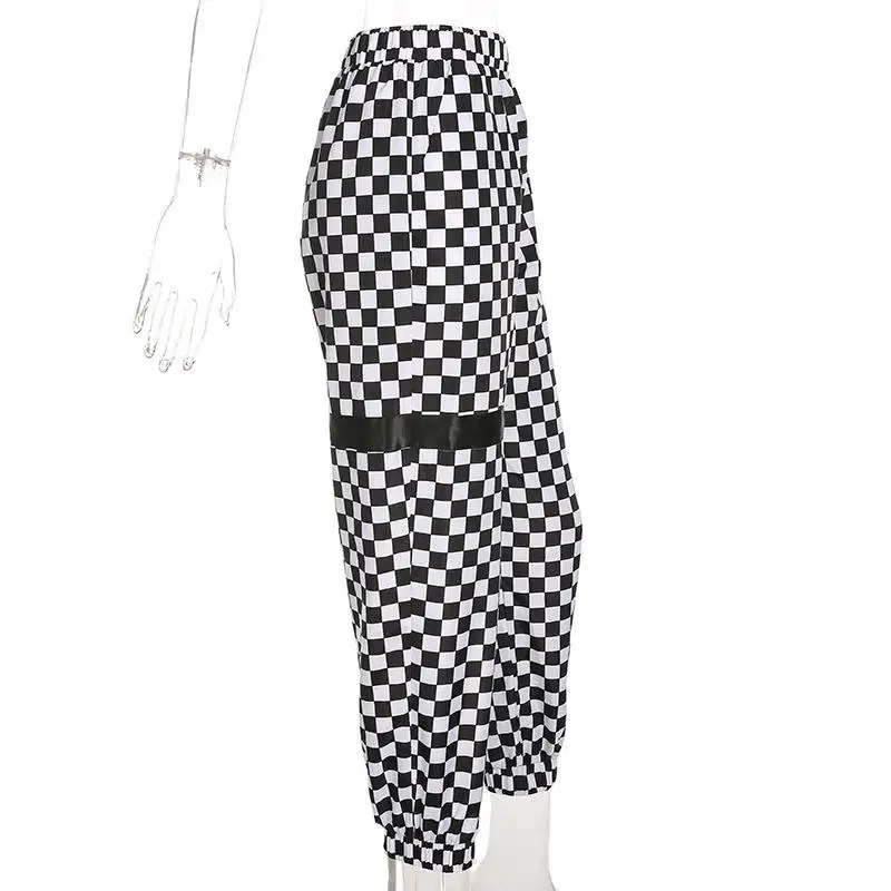 Black White Lattice Printed Casual Pants Women Harajuku Loose Summer Trousers Woman Streetwear High Waist Harem | Женская одежда