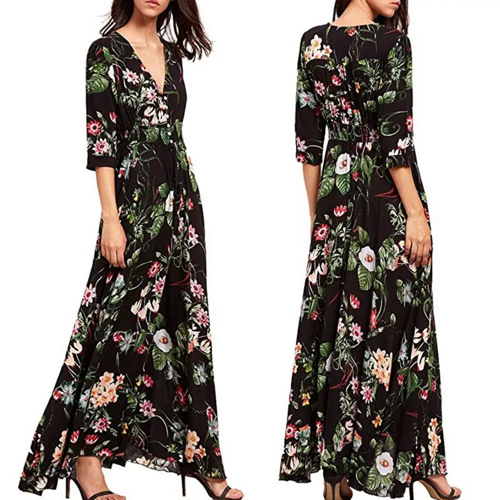 

MISSKY Women Bohemian Dress Button Slit Floral Printing Half Sleeve V Collar Long Dress Female Clothes For Summer