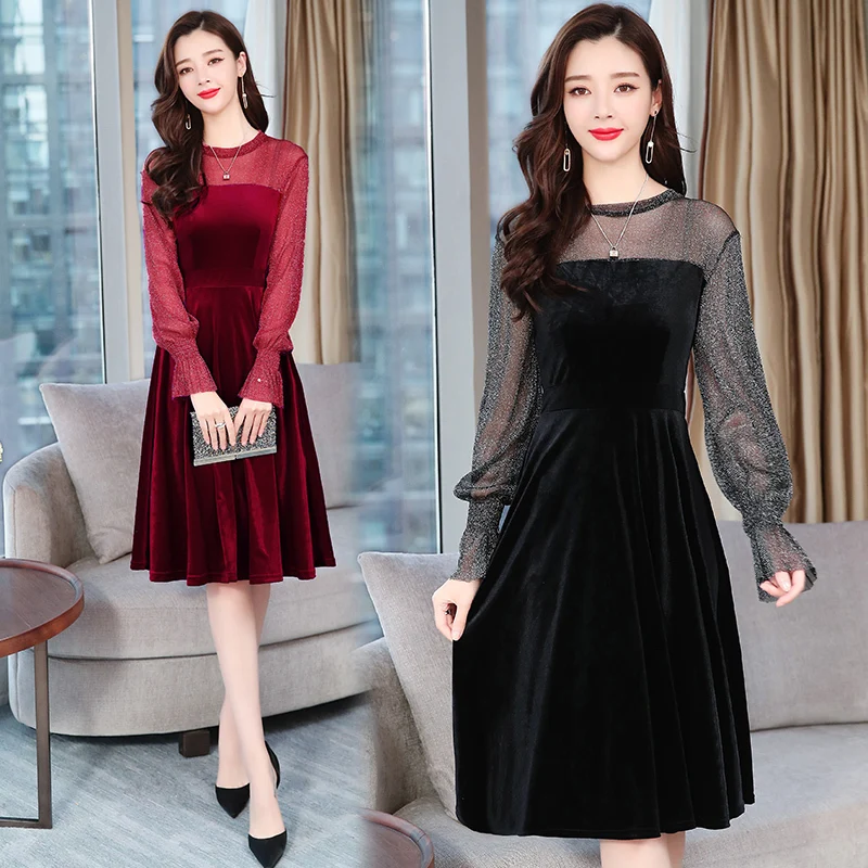 Spring Autumn Women O Neck Long Sleeve Loose Solid Vestido Casual Elegant Mesh Patchwork Party Dress Plus Size | Женская одежда