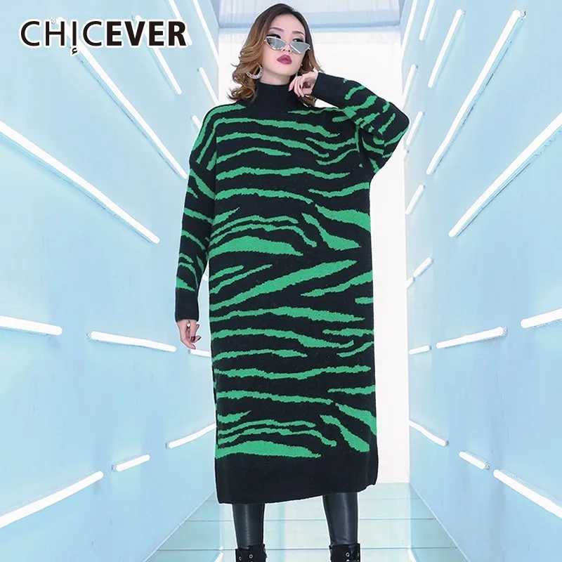 CHICEVER полосатые платья для женщин Водолазка с длинным рукавом Свободные хит цвета