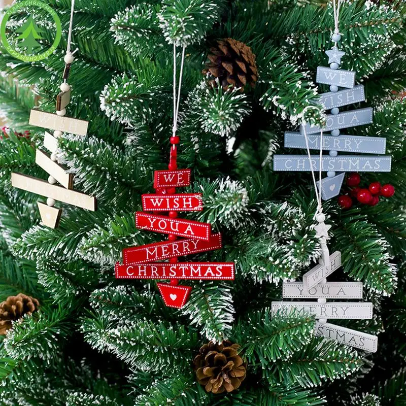 Christmas Tree Shape Pendant Decorations Innovative Wood Ornaments Painted Letters | Дом и сад