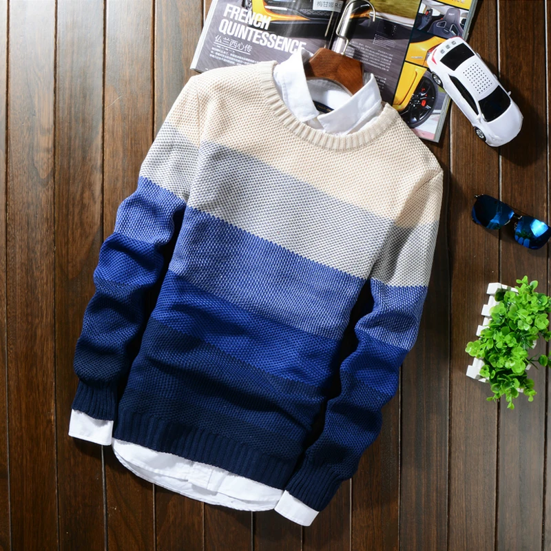 

Осенне-зимний шерстяной мужской свитер в полоску, брендовый Повседневный синий мужской свитер с круглым вырезом, облегающие вязаные мужски...