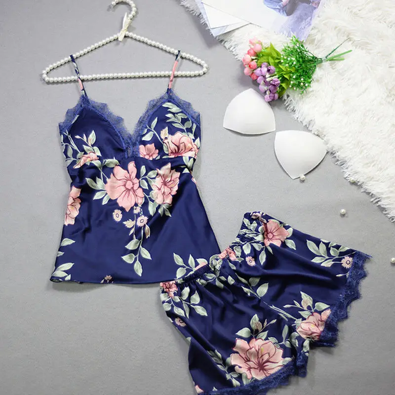 THEFOUND Модные женские атласные кружева печати рукавов пижамы Babydoll белье Ночное