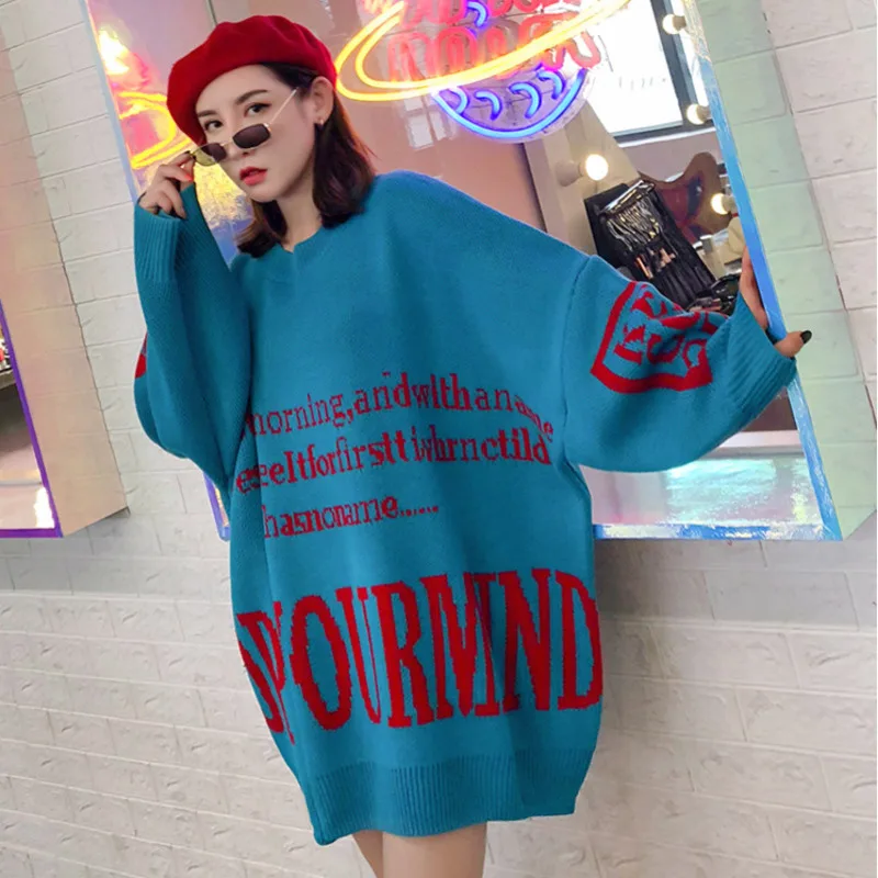 Vefadisa Women Loose Letter Pullover Sweater Dress 2019 Winter Knitted Batwing Shape Plus Size DQ487 | Женская одежда