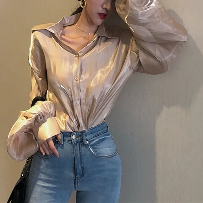 VGH Autumn Women's Shirts Blouse Tops Female Lapel Puff Sleeve Single Breasted Gold Blouses Women 2018 Fashion Korean New |