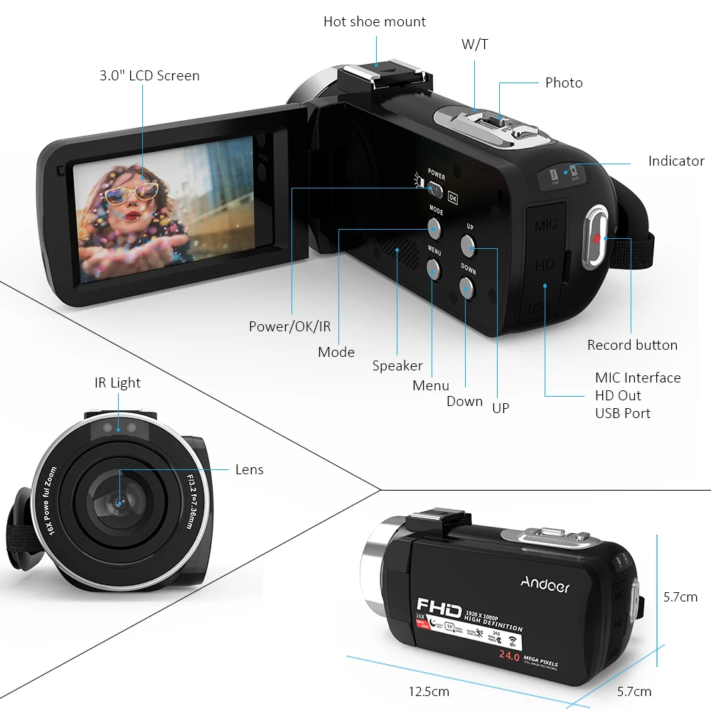 Andoer 1080P HD WiFi цифровая видеокамера + внешний микрофон 16X Zoom 3 0 &quotLCD сенсорный экран IR