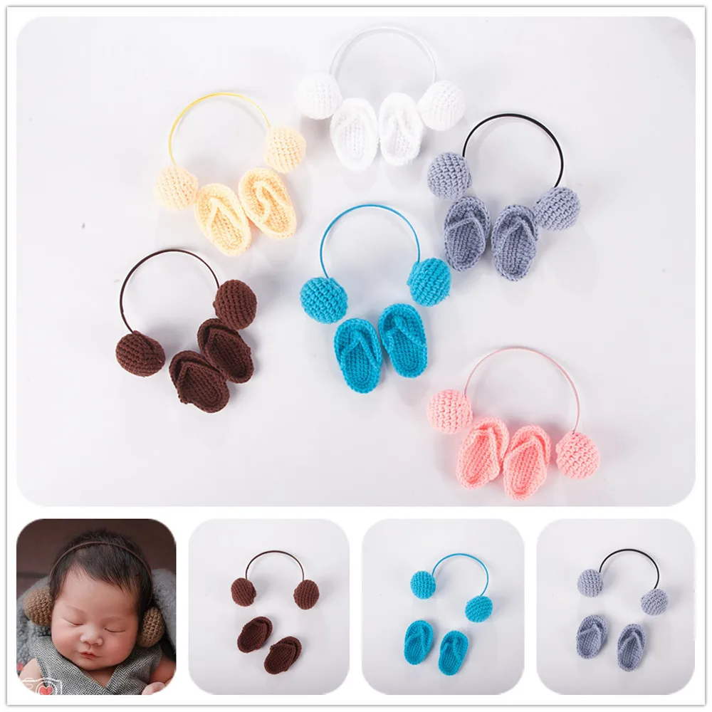 Newborn Photography Props Accessories Mini Crochet Slipper+Headset 2pcs/set Baby Photo Props Accessory Studio infant Fotografia