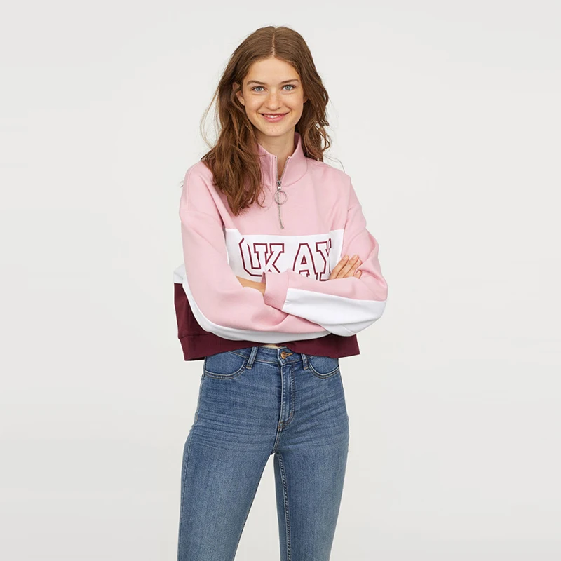 HYH HAOYIHUI 2018 Sports And Leisure College Style Girl Pink Color Stitching Ring Zipper Letter Print Hooded Sweater | Женская одежда