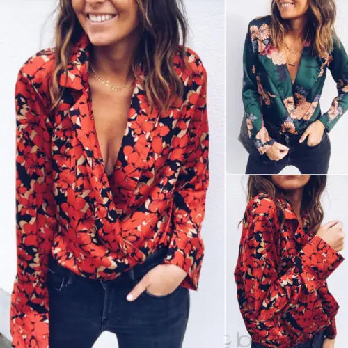 2019 Brand New Women Sexy Deep V-Neck Long Sleeve Floral Print Tops Loose Blouse Casual Bodysuit Elegant Workwear Female Wear | Женская