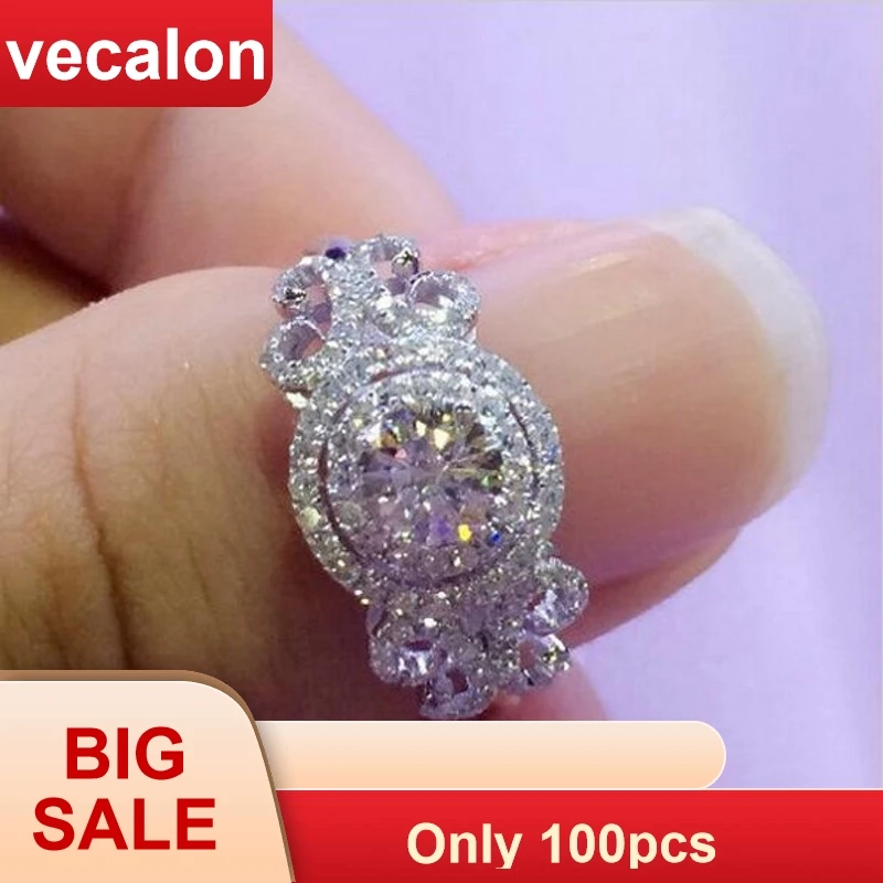 

Женское Обручальное Кольцо Vecalon, обручальное кольцо из стерлингового серебра 925 пробы с круглым вырезом и фианитом Ааааа, 2 карата