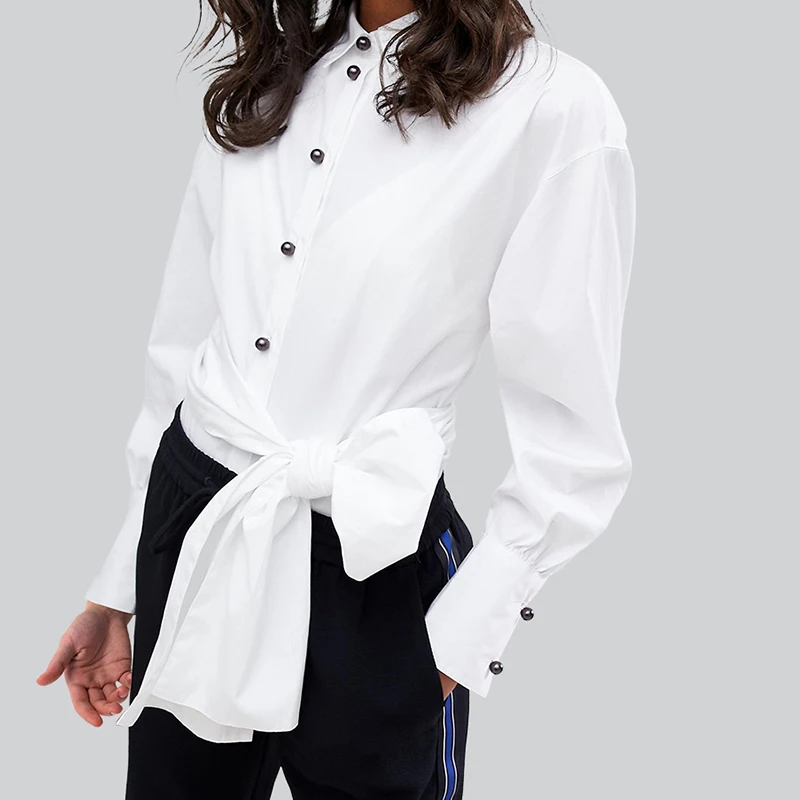 HYH HAOYIHUI 2019 New Tops Office Commuter Ladies Long Sleeve Bow Slim White Shirt Female Cute |