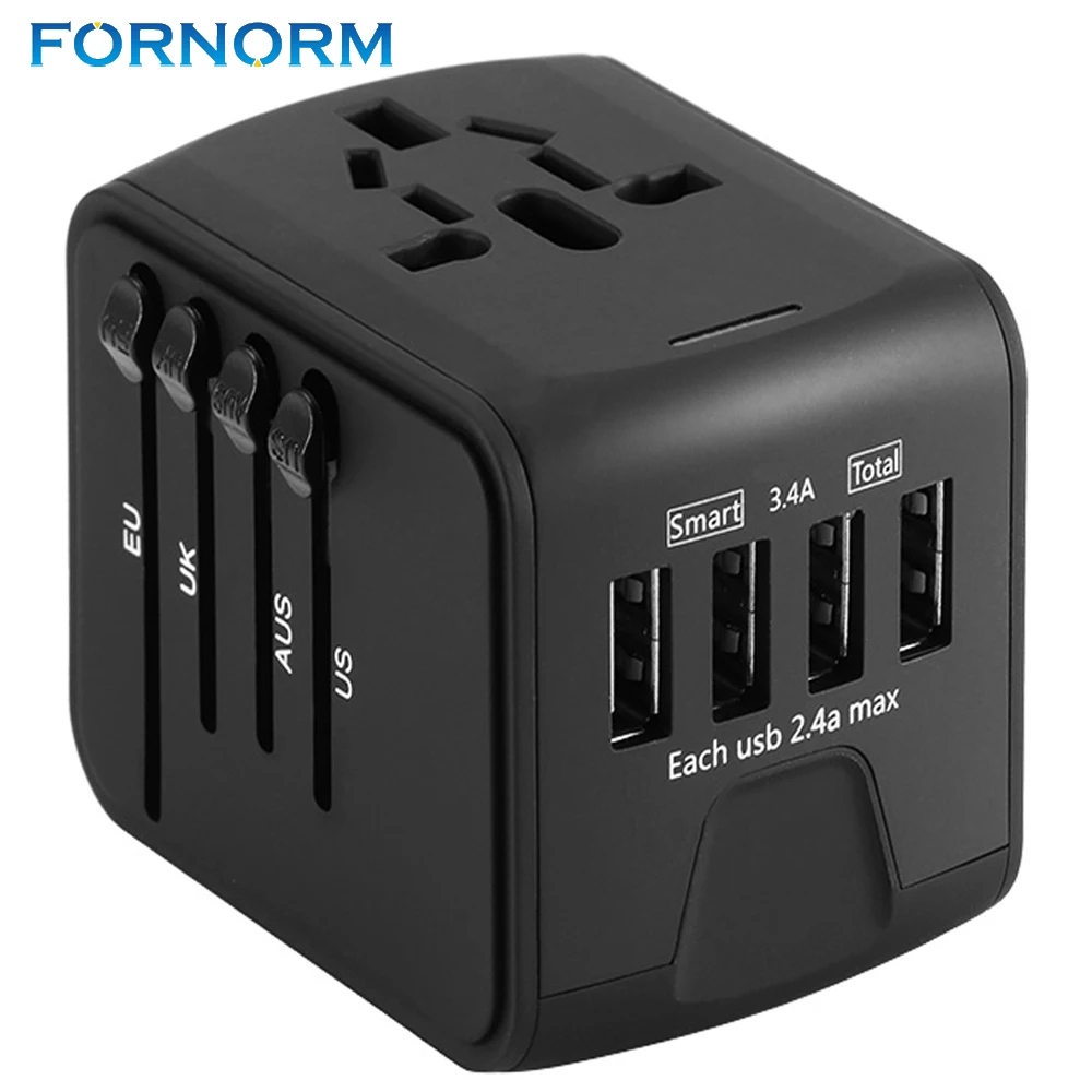 Универсальный адаптер зарядного устройства FORNORM для путешествий с 4 USB разъемами