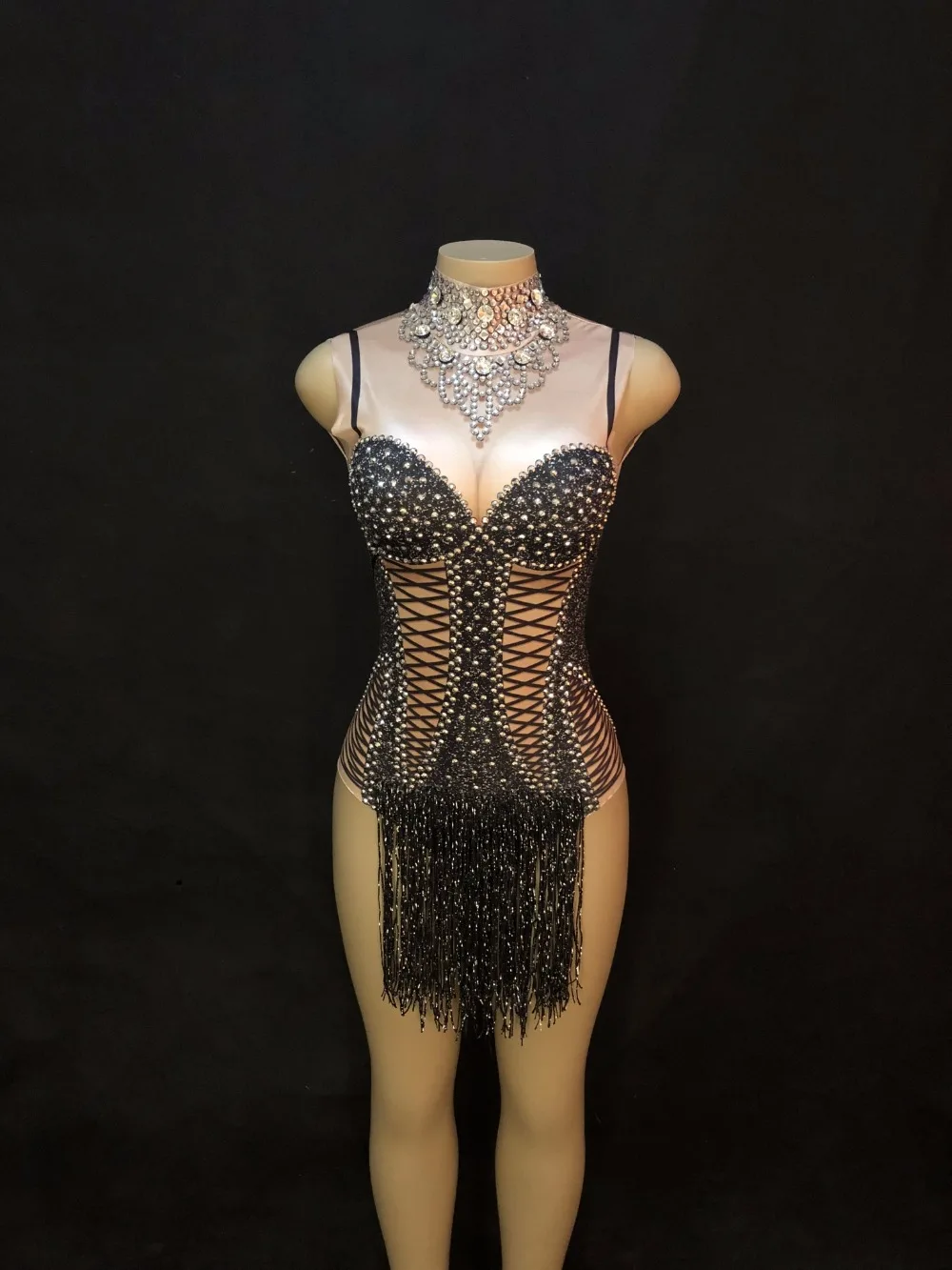 New Women Sexy Bodysuit Black Tassel Silver Sparkling Crystals Jumpsuit Nightclub Birthday Party Wear Singer Dance Costumes