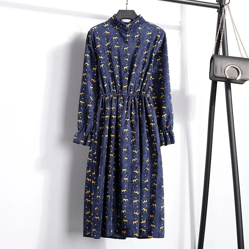 CHICEVER 2019 Spring Floral Dress For Women Stand Collar Flare Sleeve High Waist Corduroy Vintage Dresses Fashion Clothes New | Женская