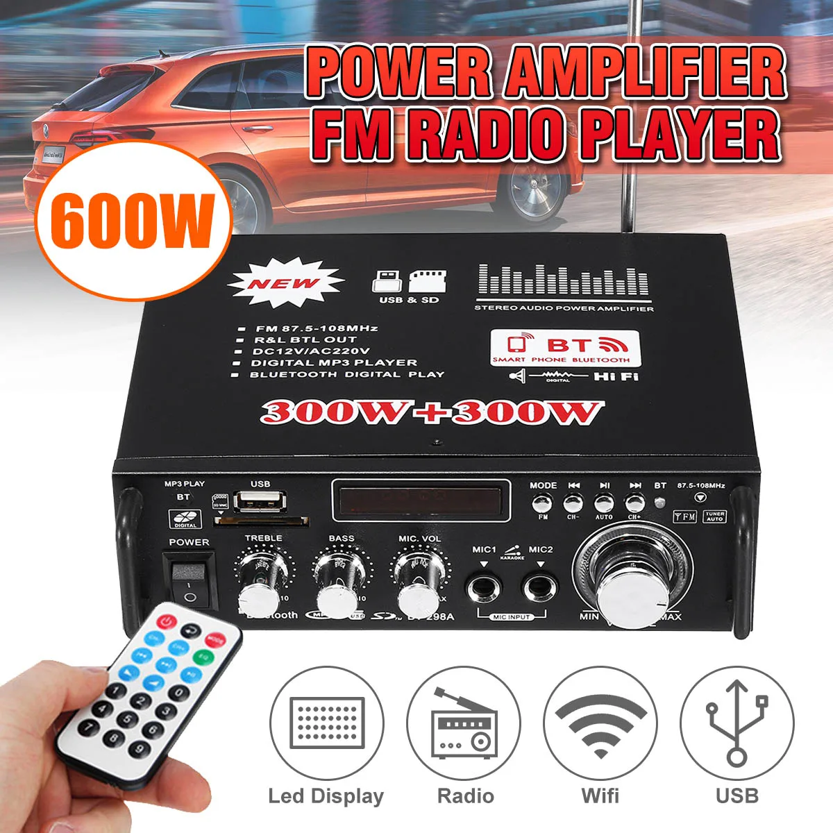 600 Вт DC12V HIFI автомобильный усилитель аудио стерео мощности bluetooth FM радио 2CH 220 В