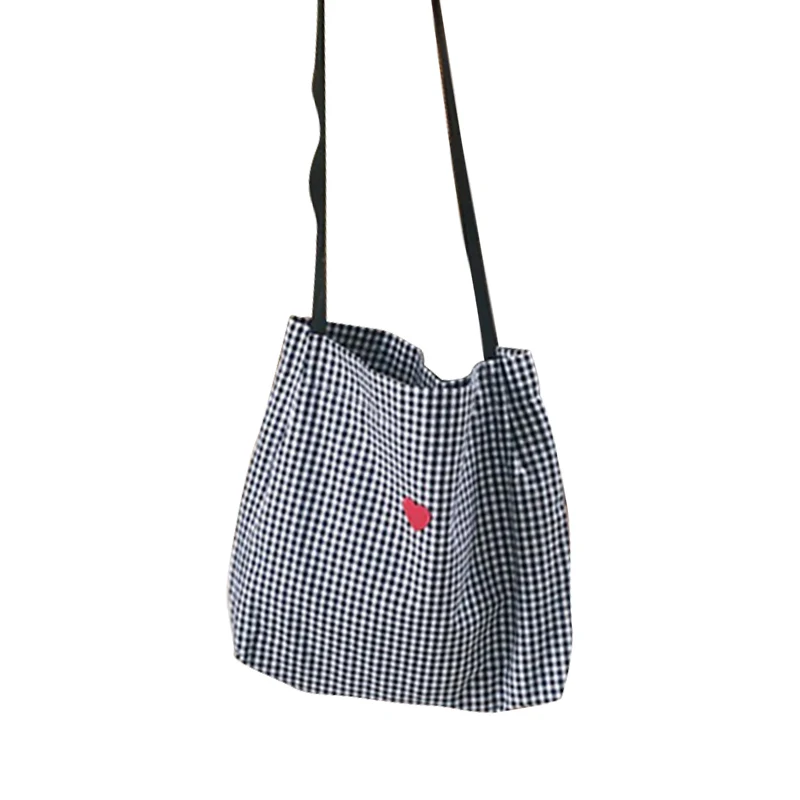 ABDB-Women Canvas Shoulder Bag Black White Plaid Embroidery Ladies Shopping Handbags Totes Cotton Cloth Beach Bags | Багаж и сумки
