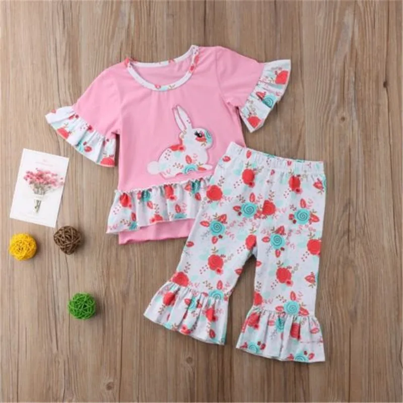 Kids Baby Girl Easter Outfits Children Summer Clothes Ruffle Short Sleeve Bunny T-shirt Floral Flared Pants 2Pcs Sets 0-5Y | Детская