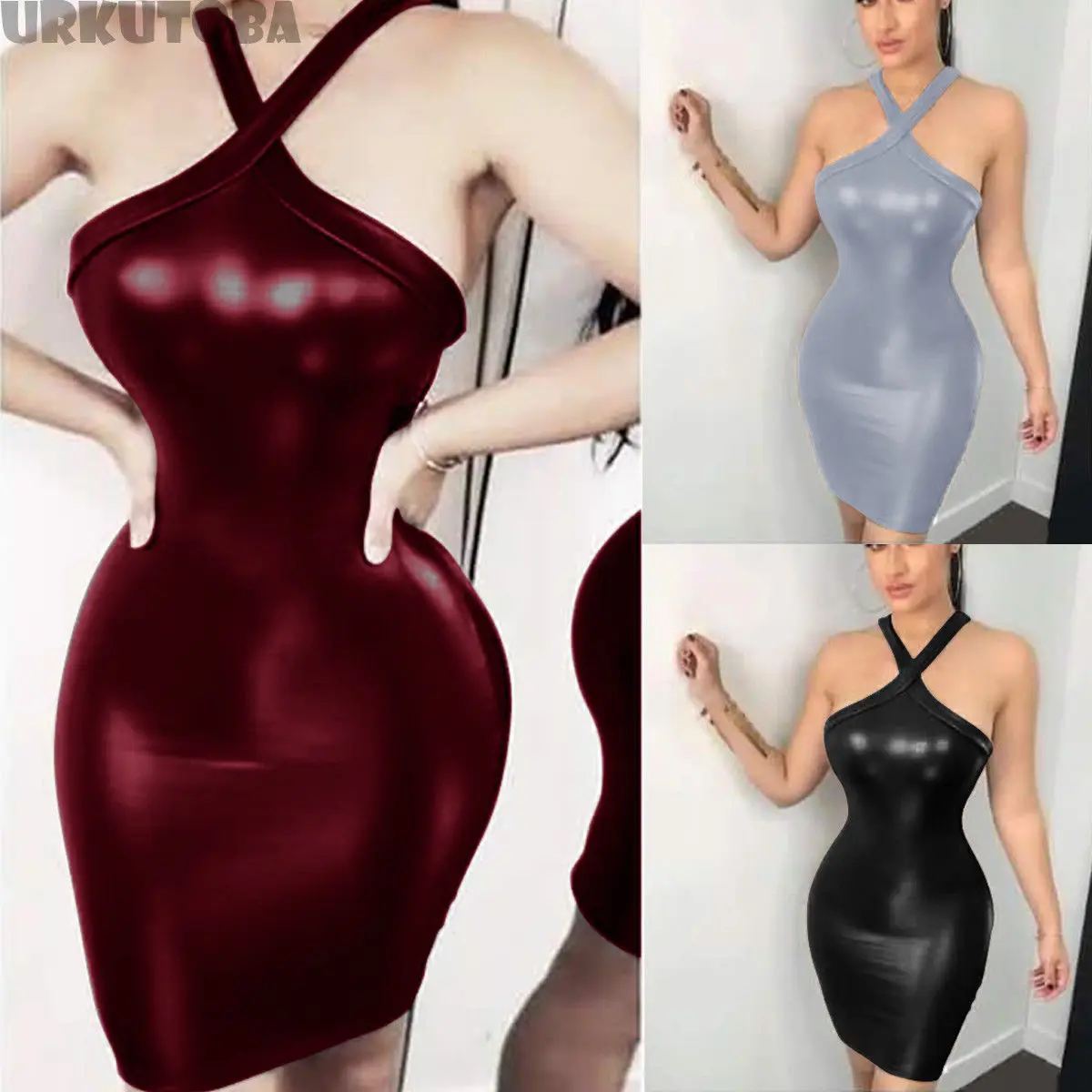 Fashion Brand Newest Sexy Women PU Leather Wet Look Bodycon Party Clubwear Midi Short Dress Solid Spaghetti Strap Hot Dresses | Женская