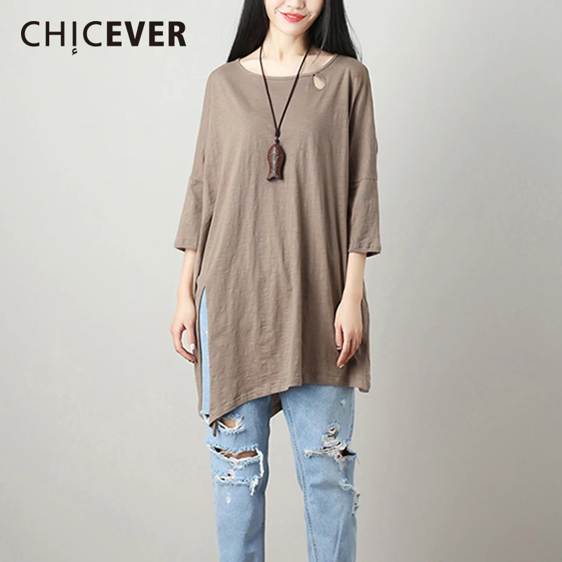 CHICEVER 2019 винтажные женские футболки для женщин топ три четверти рукав подол Сплит