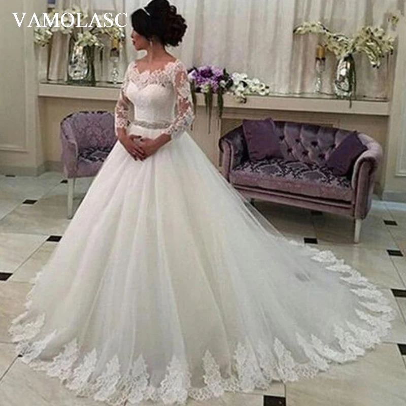 

Элегантное бальное платье с круглым вырезом и кристаллами VAMOLASC, свадебные платья, кружевные аппликации, иллюзионные рукава, свадебные плат...