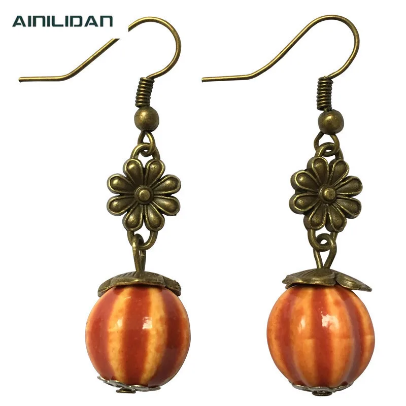 AINILIDAN Ethnic Jewelry Vintage Bronze Flower Ceramics Pumpkin Earrings Handmade Eardrops Dangler Women Accessories | Украшения и