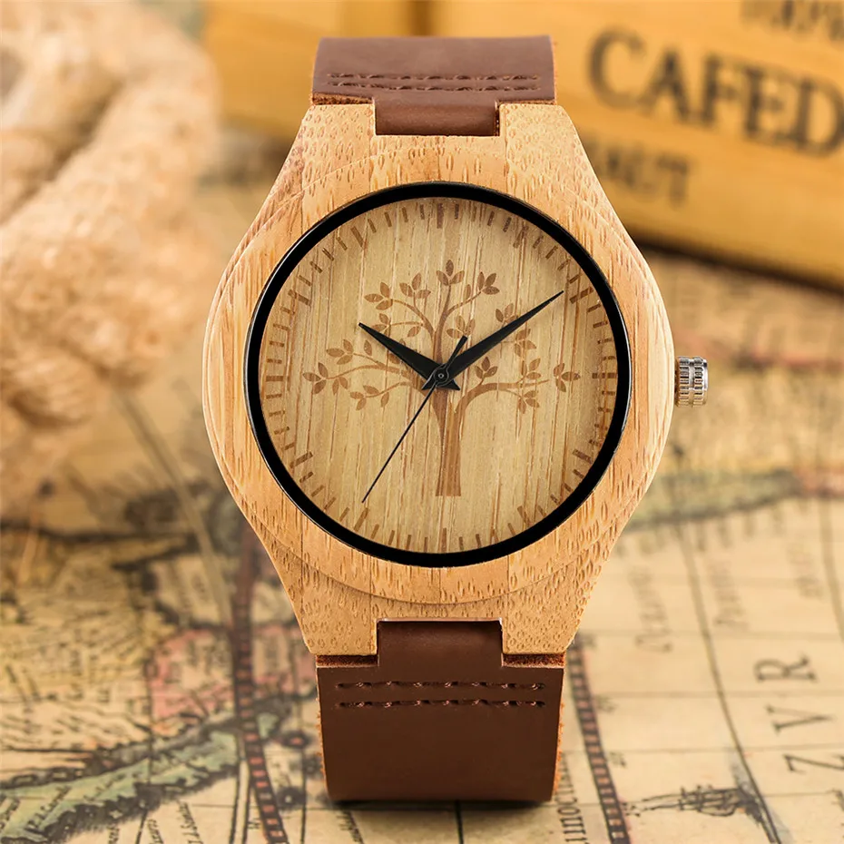 

Simple Tree Display Analog Wood Watch Men Women Quartz Timepieces Men's Genuine Leather Wrist Wooden Watches reloj masculino