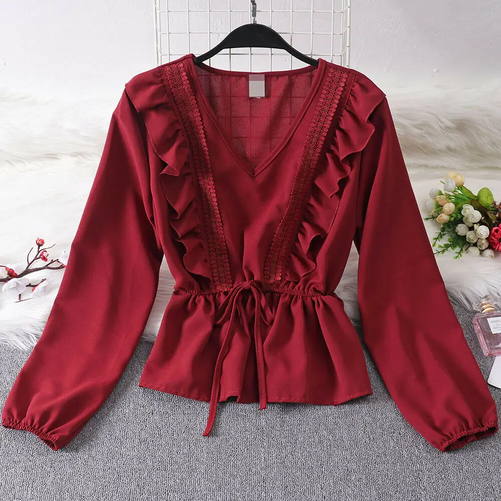 

2019 New Style Hot Fashion Women Ladies Ruffles Casual Chiffon Solid Bow Long Sleeve V Neck Blouse Tops