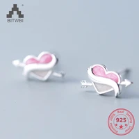 delicate japan korea style 925 sterling silver fashion cute sweet pink heart cupids arrow of love stud earring women jewelry