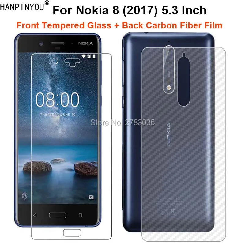 

For Nokia 8 (2017) TA-1012 5.3" 2 Pcs = Soft Back Carbon Fiber Film + Ultra Thin Premium Tempered Glass Front Screen Protector