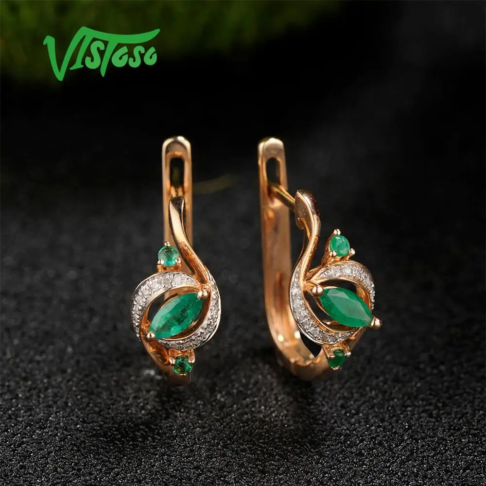 Женские золотые серьги с изумрудом VISTOSO розовое золото 14 к 585 пробы гламурные