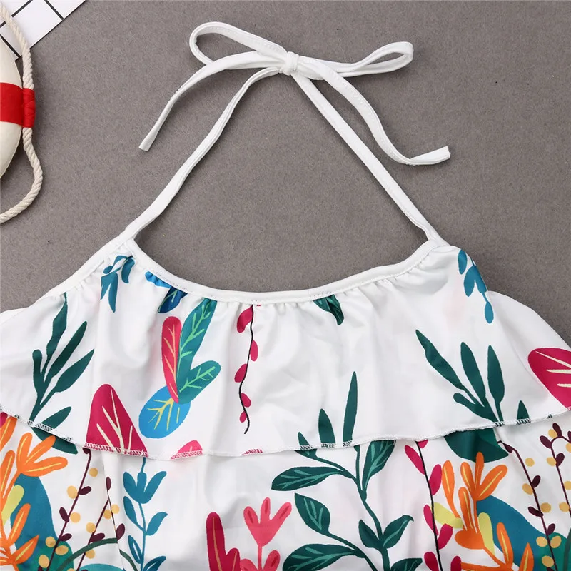 2019 Summer Family Matching Swimwear Women Kids Girls Sets Floral Sleeveless Halter Belt Ruffle Crop Tops High Waist Shorts 2Pcs | Мать и