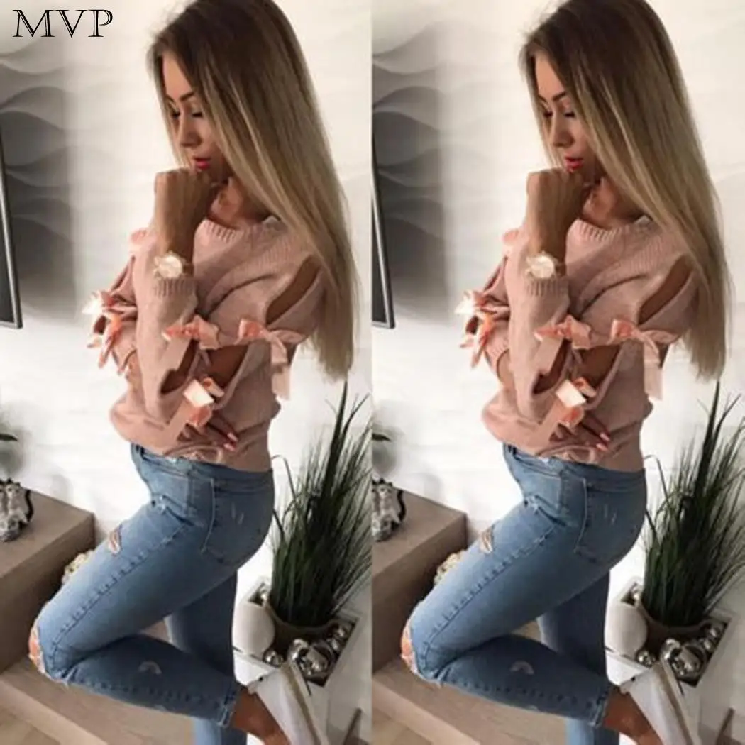 Beige Sweater Regular Long Sleeve Bow Casual Black Knitted Pink Autumn Hollow Tops Gray O-Neck Loose Women Solid | Женская одежда