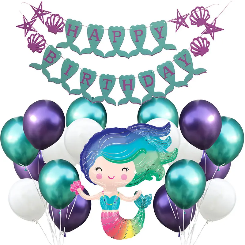 

Amawill Mermaid Theme Party Balloons Tassel Happy Birthday Banner Chrome Metallic Baloon For Birthday Baby Shower Decoration