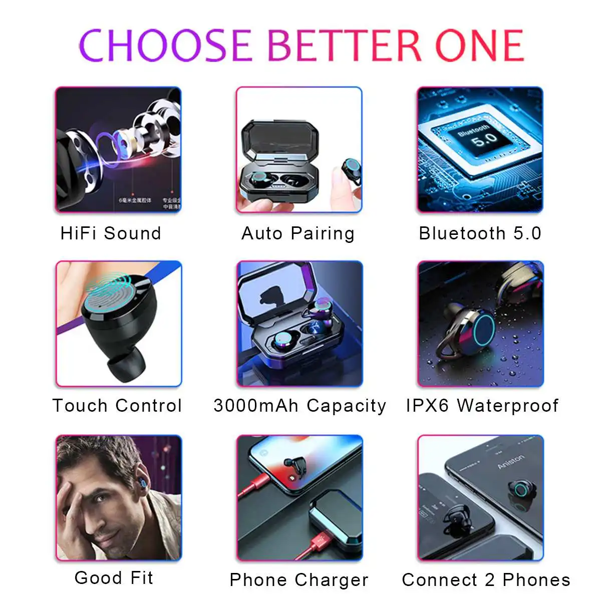 Bluetooth V5.0 TWS Беспроводные наушники с сенсорным управлением CVC8.0 шумоподавление 3000