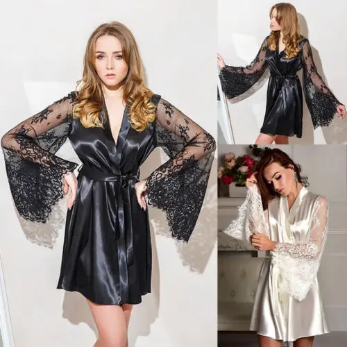 Lingerie Women Perspective Sleeve Silk Robe Gown Lace Dress Babydoll Nightdress Nightgown Sleepwear Clothing | Женская одежда