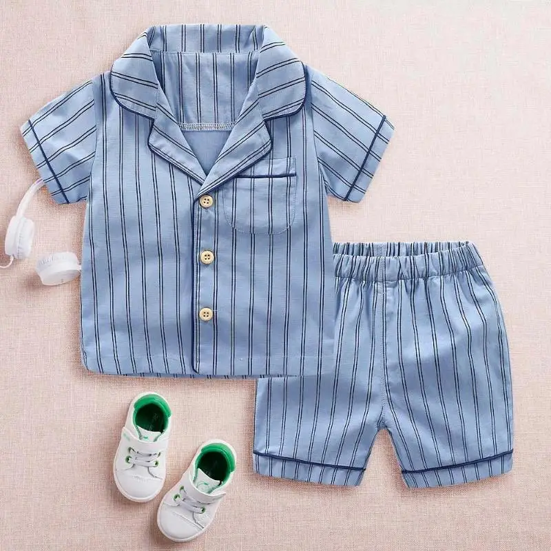 2pcs Baby Clothes Set Cotton Boys Stripe Clothing Children Short Sleeve Shirts Shorts Sleepwear Summer Loose Pajamas | Детская одежда и