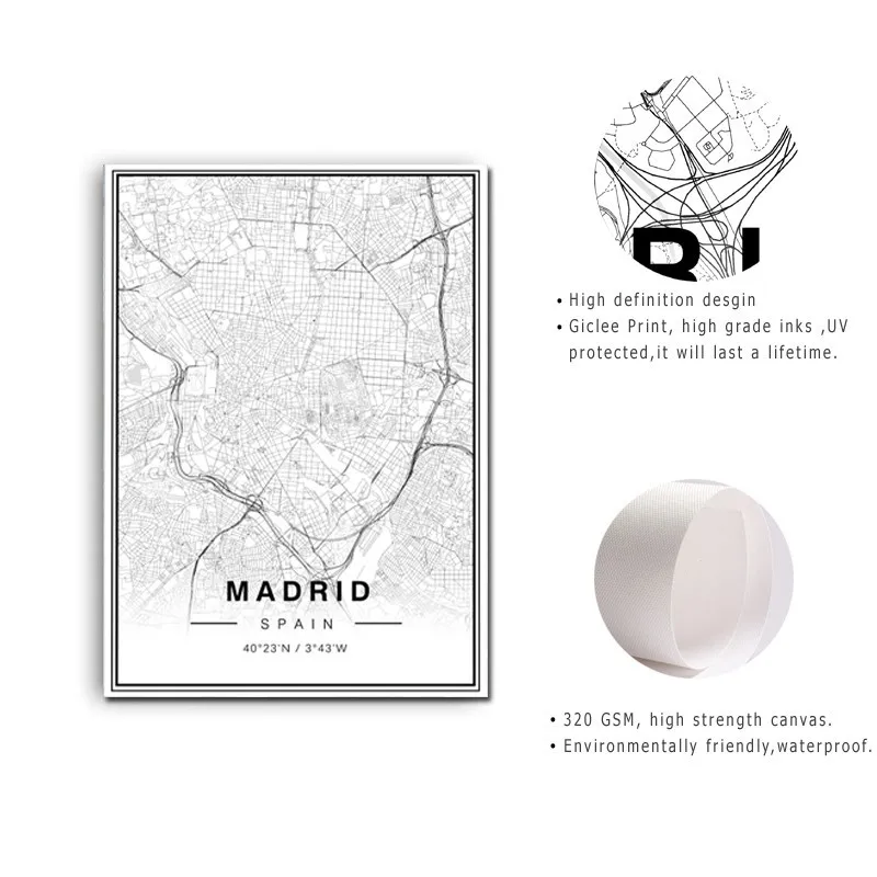 Черно белая карта Мадридского города SURE LIFE широтная долгота печать Постер