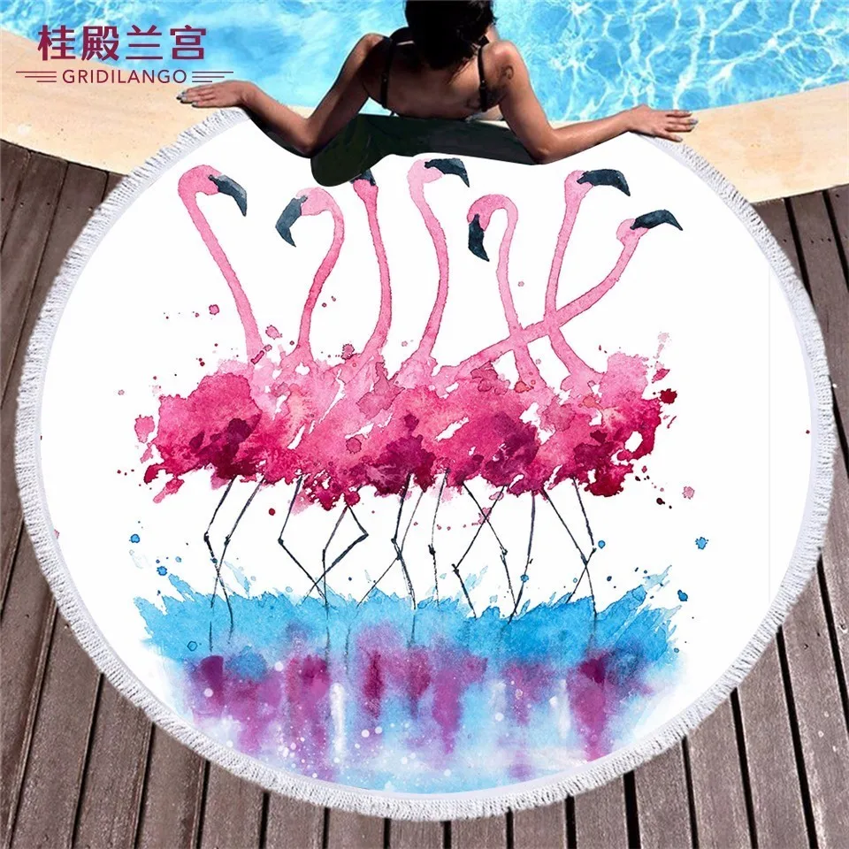 GRIDILANGO Red Flamingo Round Beach Towel For Adult Quickly Absorbtable Swimming Travel Outdoor Home Blanket Yoga Mat Bath | Дом и сад